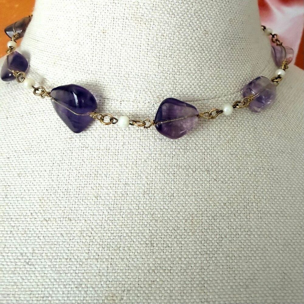 Vintage Genuine Amethyst Wire Wrapped Necklace with Freshwater Pearl Accents Gol